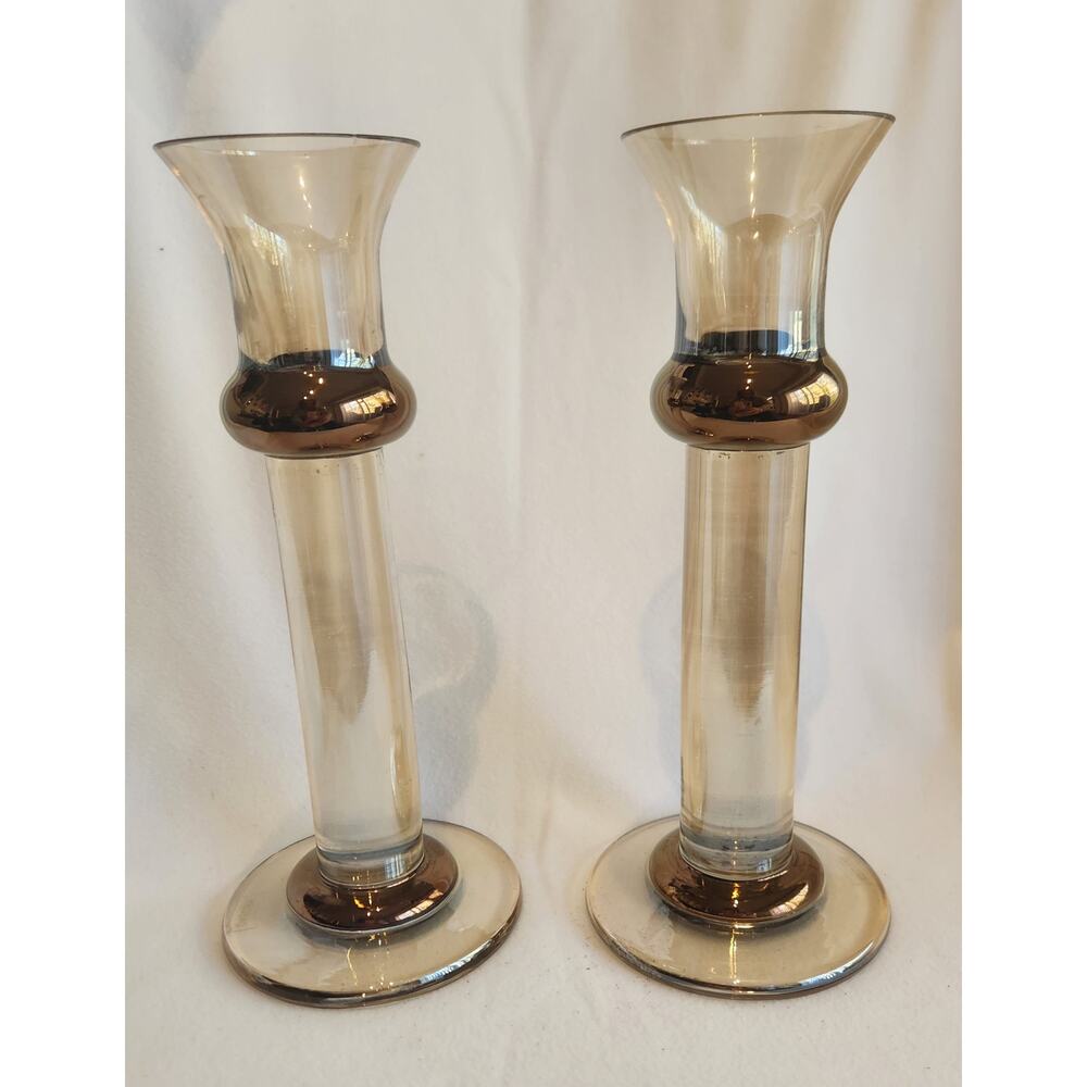 Vintage Krosno Poland Smoked Glass Copper Band Candlestick Holders Pair 7.5”tall